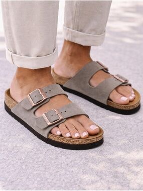 Birkenstock Women's Two-Strap Sandal in Taupe with Rose Gold Buckles Mens 11